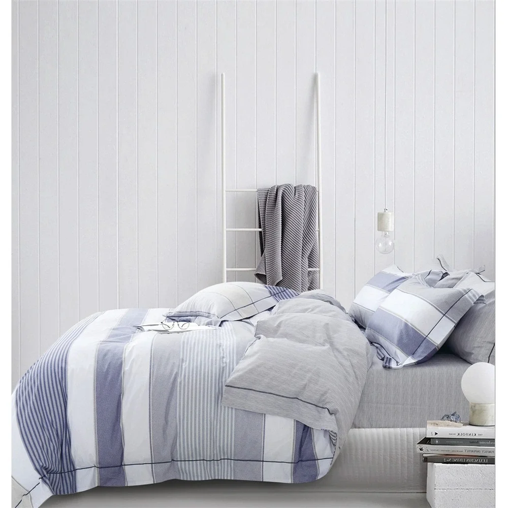 Wilhelm Blue Striped 100% Cotton Reversible Comforter Set Queen 3 Piece